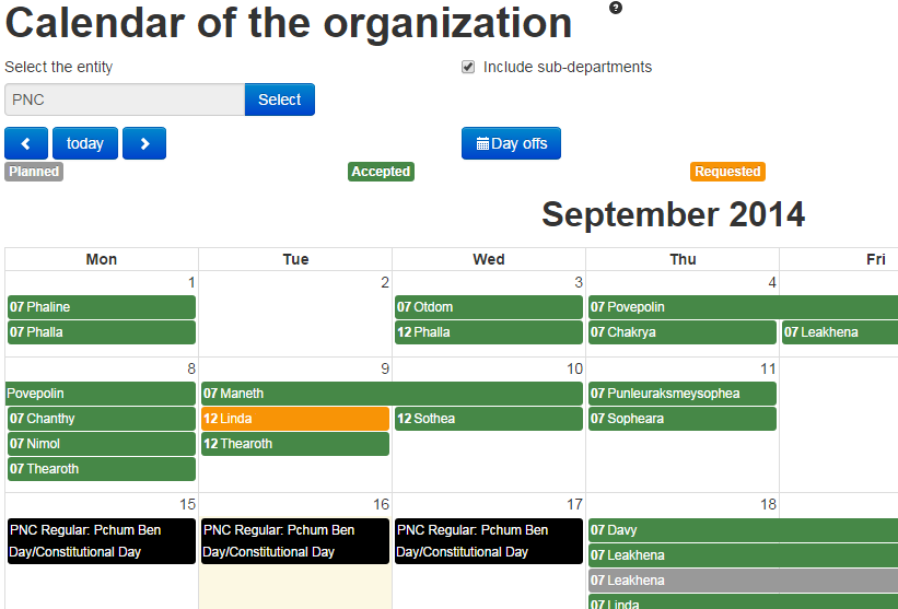 Calendar of organization