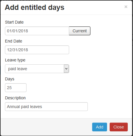Pop-up for adding days off to a contract